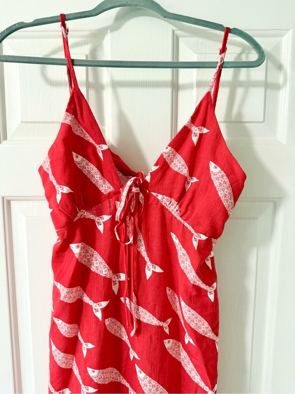 Red Fish-Print Midi Dress with Tie Front